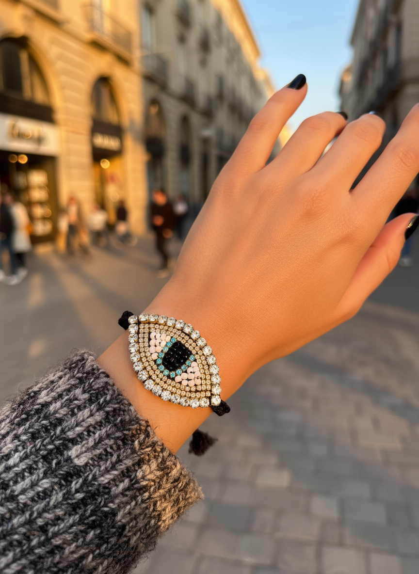 Χειροποίητο βραχιόλι με μεγάλο μοτίφ ματιού με στρας κεντημένο στο χέρι – Shiny Eye Large – So Cute by Dimi