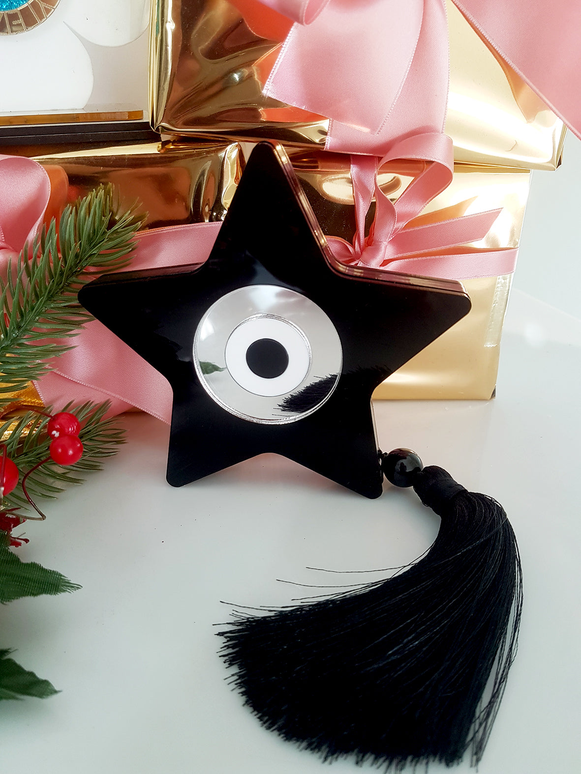 Star Charm γούρι χονδρική, χειροποίητο plexiglass αστέρι με μάτι, στοιχείο 2026 & φούντα – So Cute by DImi