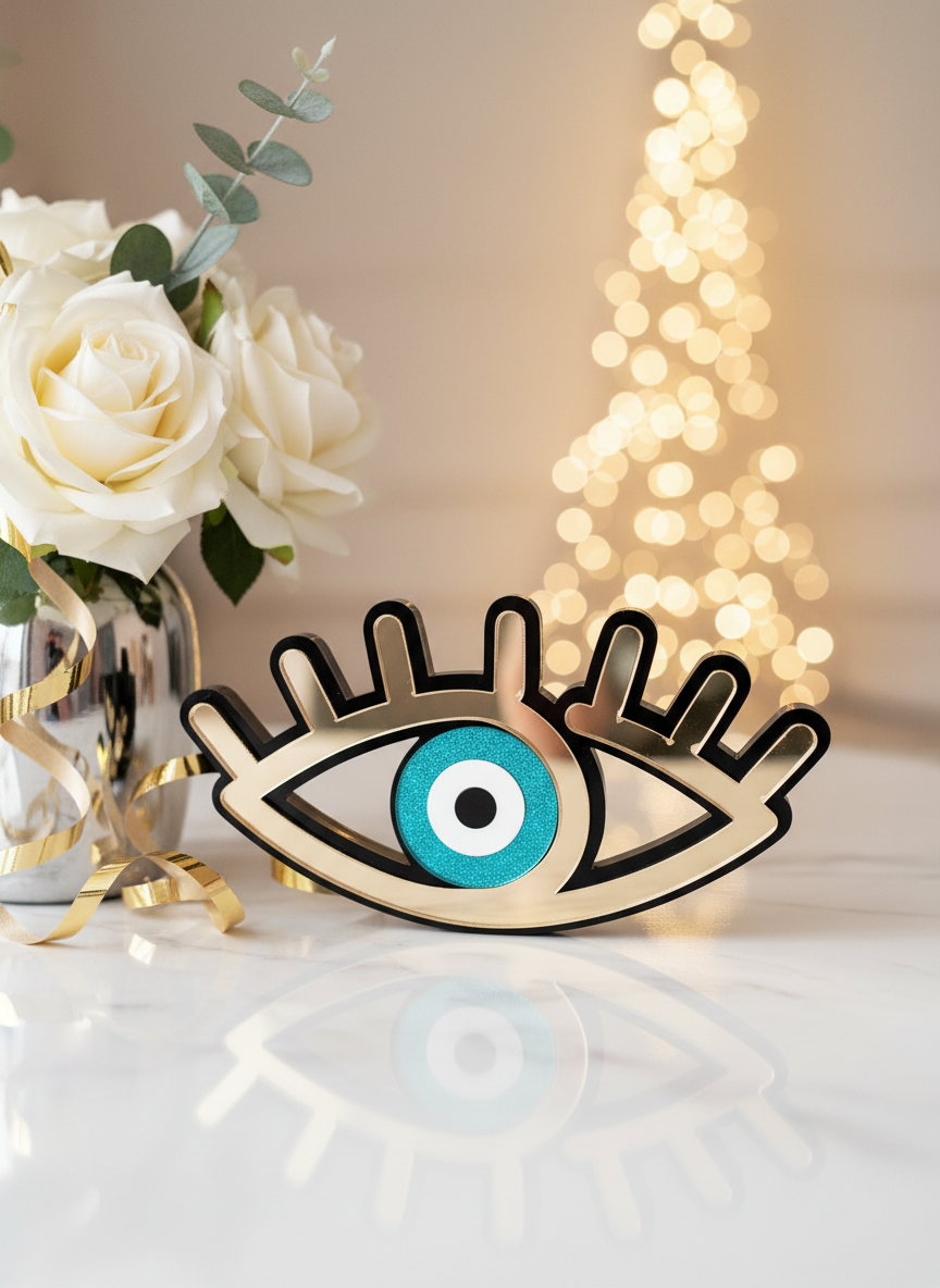 Χονδρικό γούρι μάτι με βλέφαρα από black plexi και mirror acrylic, 7×14 cm