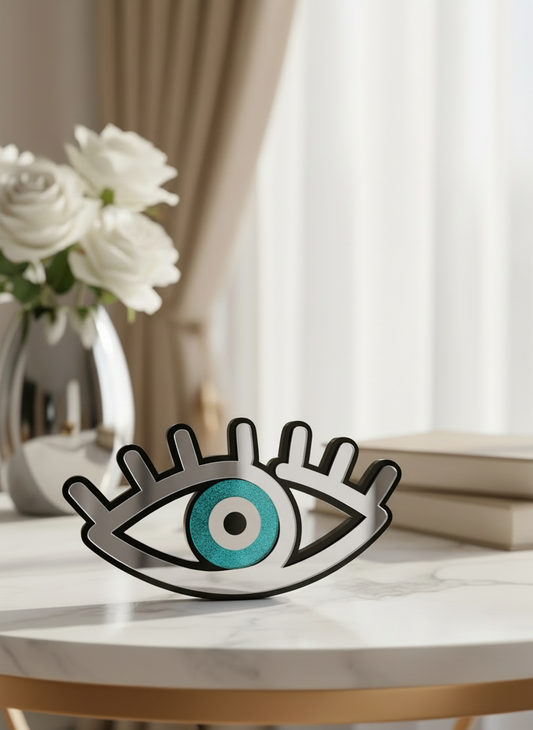 Χονδρικό γούρι μάτι με βλέφαρα από black plexi και mirror acrylic, 7×14 cm