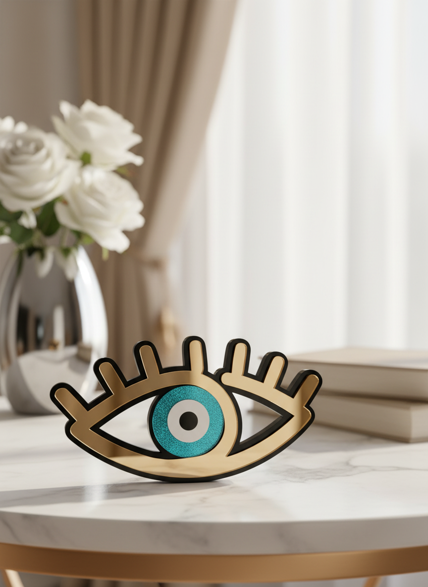 Χονδρικό γούρι μάτι με βλέφαρα από black plexi και mirror acrylic, 7×14 cm