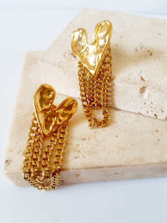 IG Style Heart Shape Tassel Plating Stainless Steel 18K Gold Plated Drop Earrings