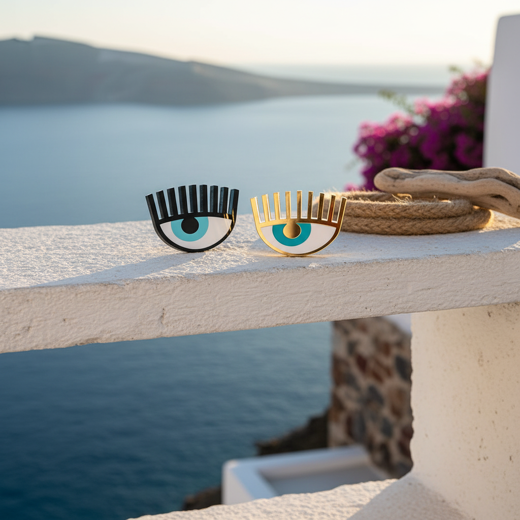 Handmade plexiglass evil eye table charms (black & gold) photographed in Cycladic setting with sea view – So Cute by Dimi.