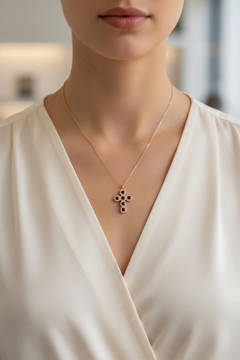 ⚡🚚Gemline Cross Necklace  Ατσάλινο Κολιέ Σταυρός με Χρωματιστά Ζιργκόν