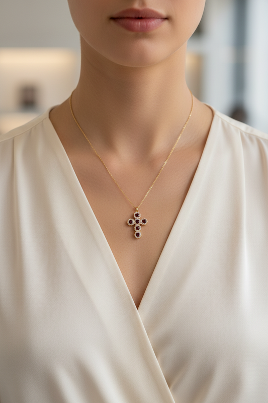 ⚡🚚Gemline Cross Necklace  Ατσάλινο Κολιέ Σταυρός με Χρωματιστά Ζιργκόν