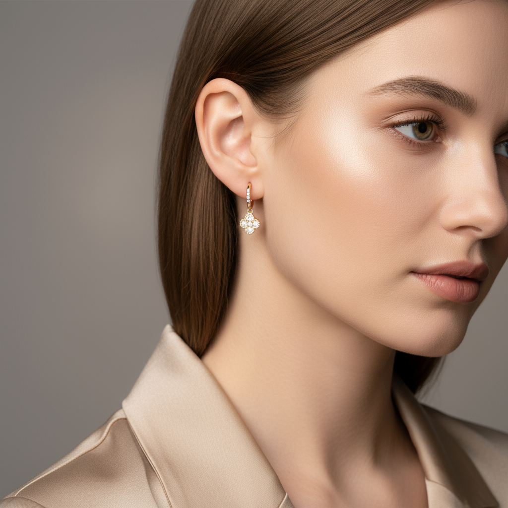 Aτσάλινα σκουλαρίκια κρικάκι με κρεμαστό τετράφυλλο με ζιργκόν – So Cute by Dimi