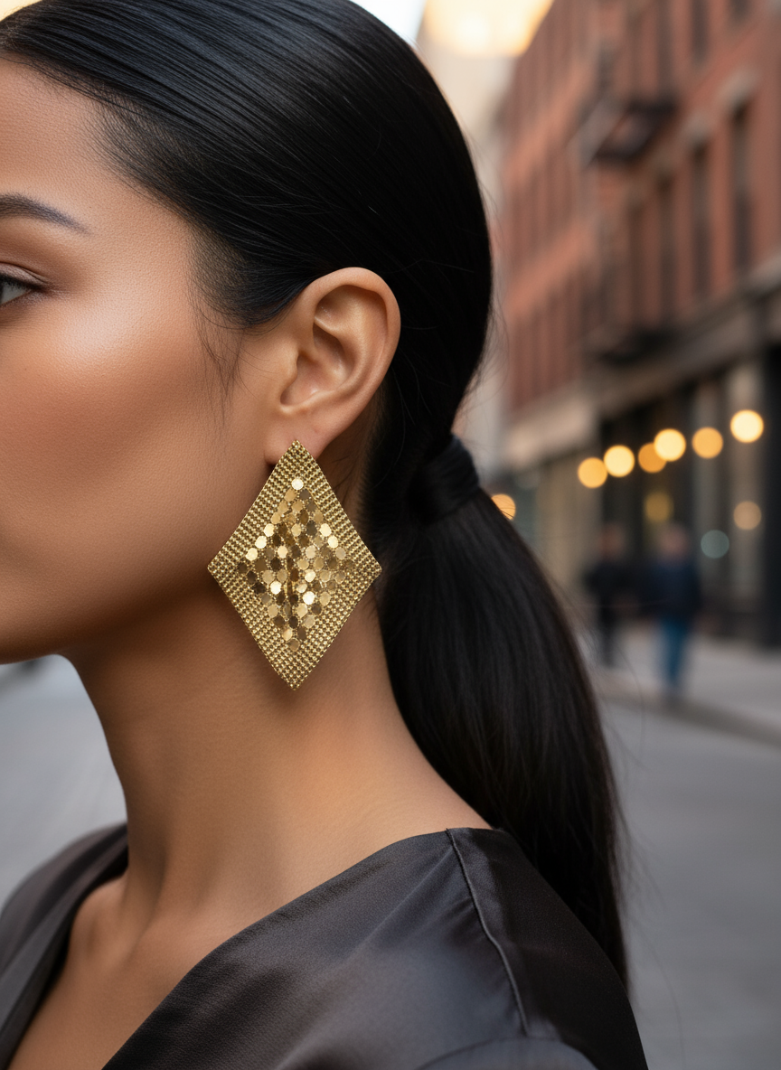 Retro Rhombus Mesh Earrings – Χρυσά Σκουλαρίκια με Πλέγμα | So Cute by Dimi Χονδρική