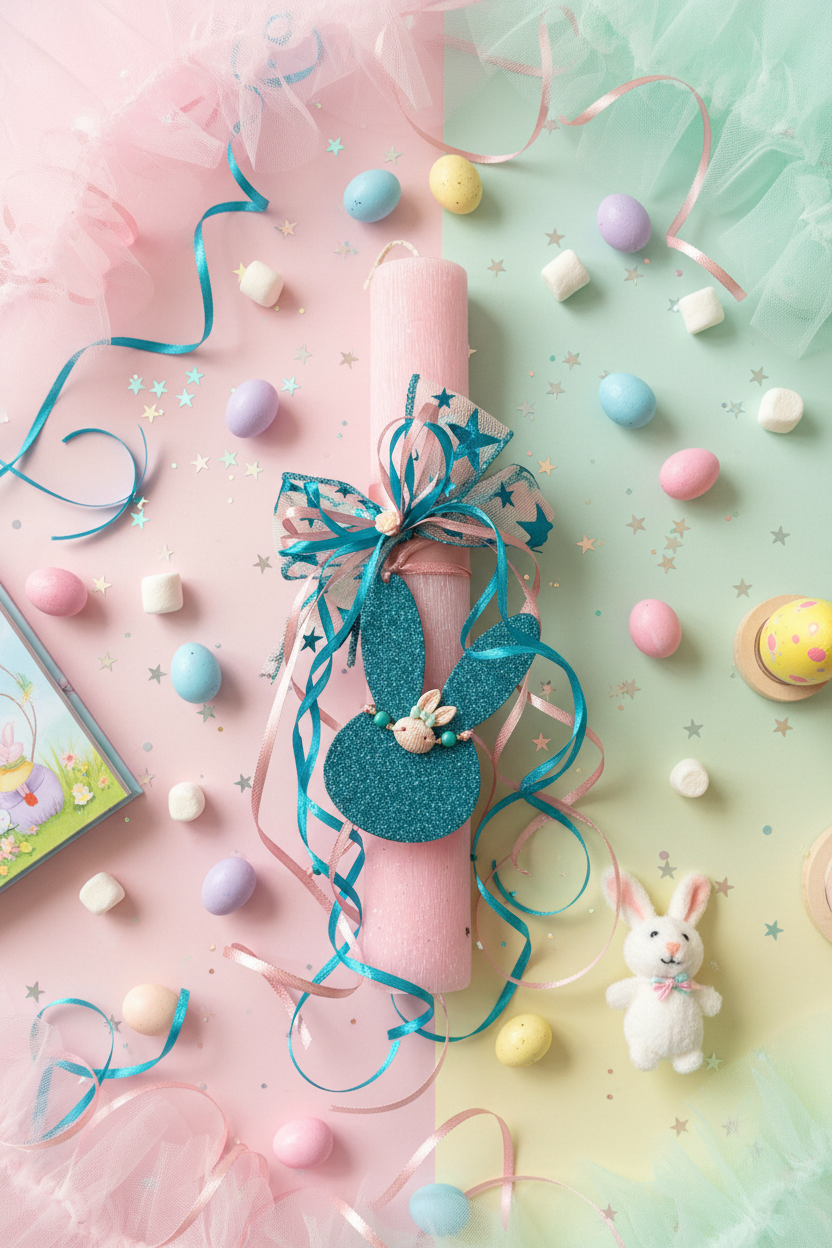 Χειροποίητη παιδική λαμπάδα με γκλίτερ κουνελάκι και βραχιολάκι – So Cute by Dimi 4-506-0452