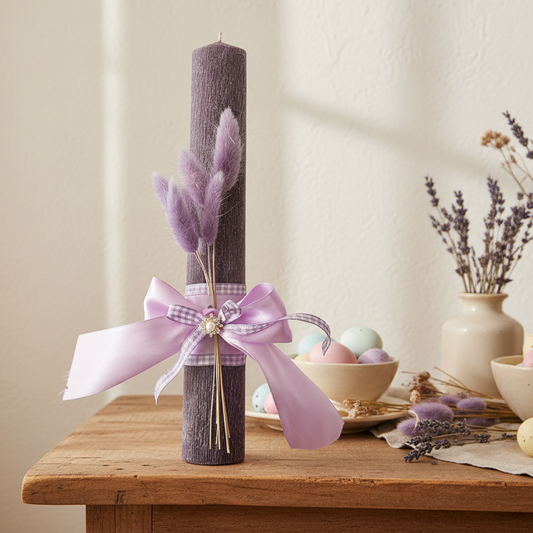 🤍✨ Χειροποίητη Πασχαλινή Λαμπάδα με Μωβ Στάχυ