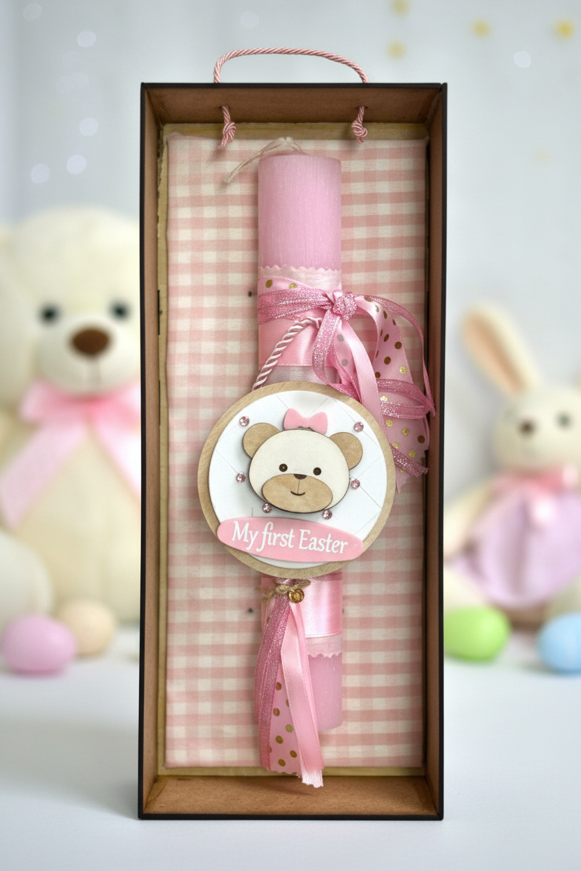 Χειροποίητη πασχαλινή λαμπάδα My First Easter με ξύλινο αρκουδάκι για χονδρική So Cute by Dimi