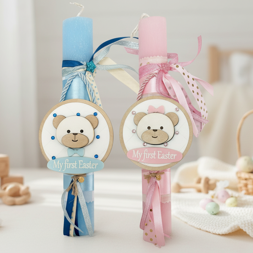 Χειροποίητη πασχαλινή λαμπάδα My First Easter με ξύλινο αρκουδάκι για χονδρική So Cute by Dimi