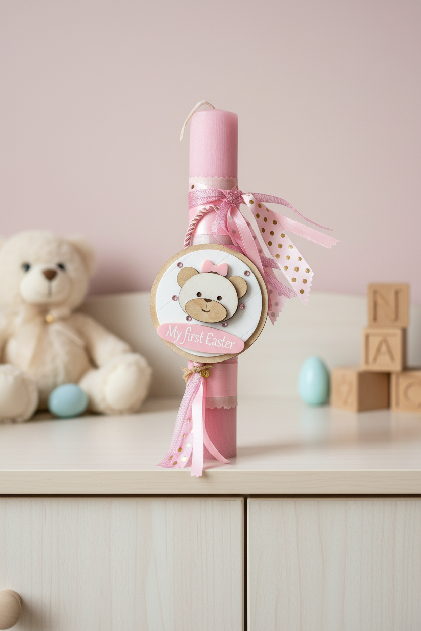 Χειροποίητη πασχαλινή λαμπάδα My First Easter με ξύλινο αρκουδάκι για χονδρική So Cute by Dimi