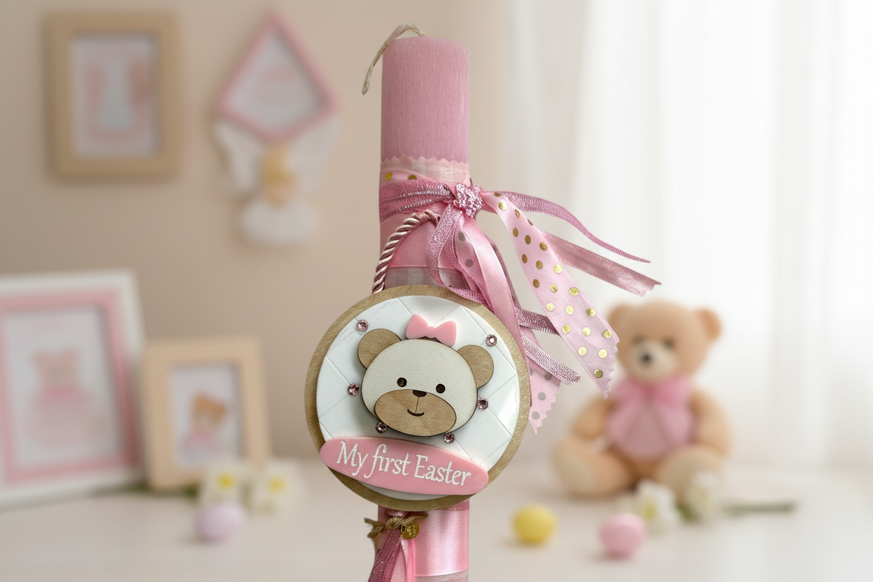 Χειροποίητη πασχαλινή λαμπάδα My First Easter με ξύλινο αρκουδάκι για χονδρική So Cute by Dimi