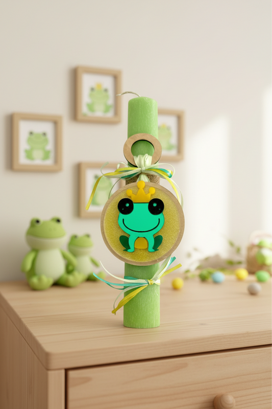 Χειροποίητη πασχαλινή λαμπάδα βατραχάκι με κορώνα από ξύλο και πλεξιγκλάς για χονδρική So Cute by Dimi