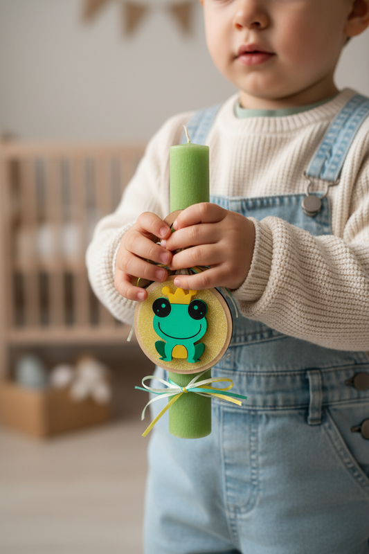 Χειροποίητη πασχαλινή λαμπάδα βατραχάκι με κορώνα από ξύλο και πλεξιγκλάς για χονδρική So Cute by Dimi