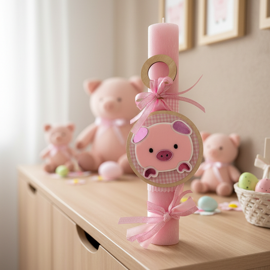 Χειροποίητη πασχαλινή λαμπάδα γουρουνάκι από ξύλο και πλεξιγκλάς για χονδρική So Cute by Dimi