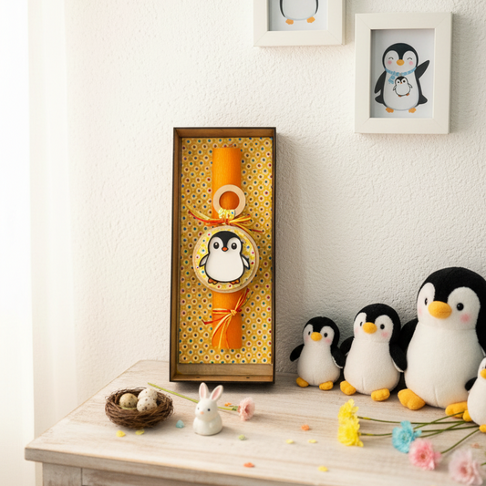 Χειροποίητη πασχαλινή λαμπάδα πιγκουίνος από ξύλο και πλεξιγκλάς για χονδρική So Cute by Dimi