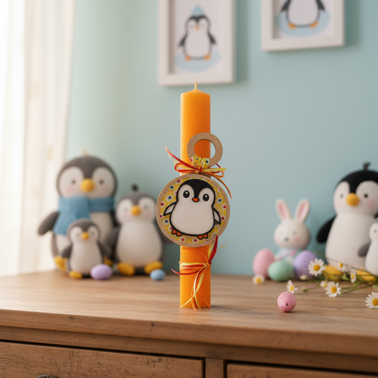 Χειροποίητη πασχαλινή λαμπάδα πιγκουίνος από ξύλο και πλεξιγκλάς για χονδρική So Cute by Dimi