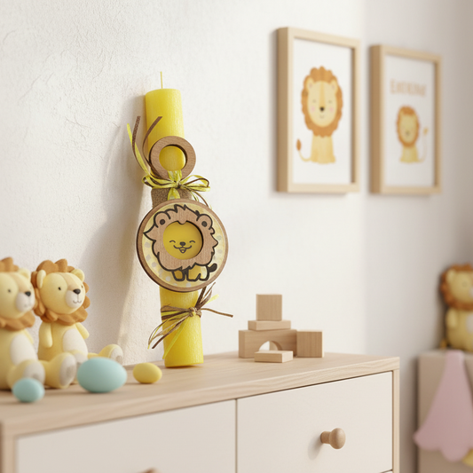 Χειροποίητη πασχαλινή λαμπάδα λιονταράκι από ξύλο και πλεξιγκλάς για χονδρική So Cute by Dimi