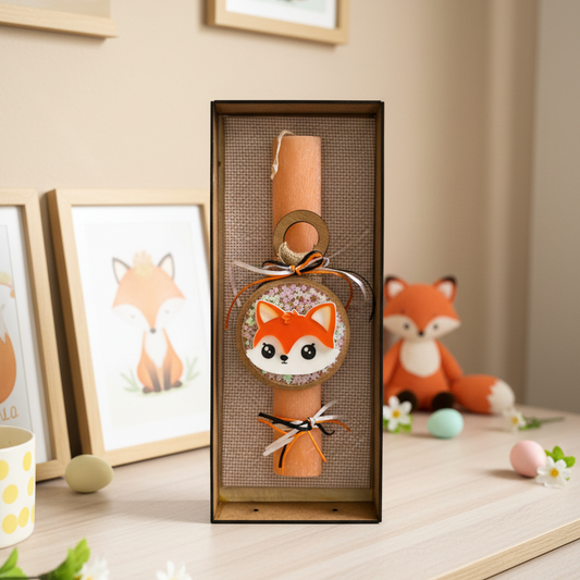 Χειροποίητη πασχαλινή λαμπάδα αλεπού από ξύλο και πλεξιγκλάς για χονδρική So Cute by Dimi