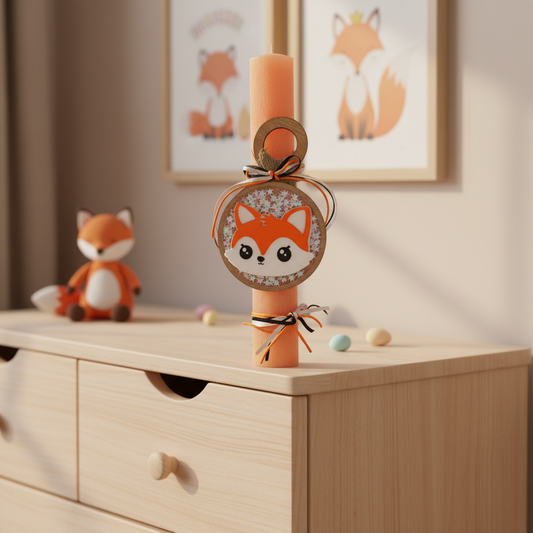Χειροποίητη πασχαλινή λαμπάδα αλεπού από ξύλο και πλεξιγκλάς για χονδρική So Cute by Dimi