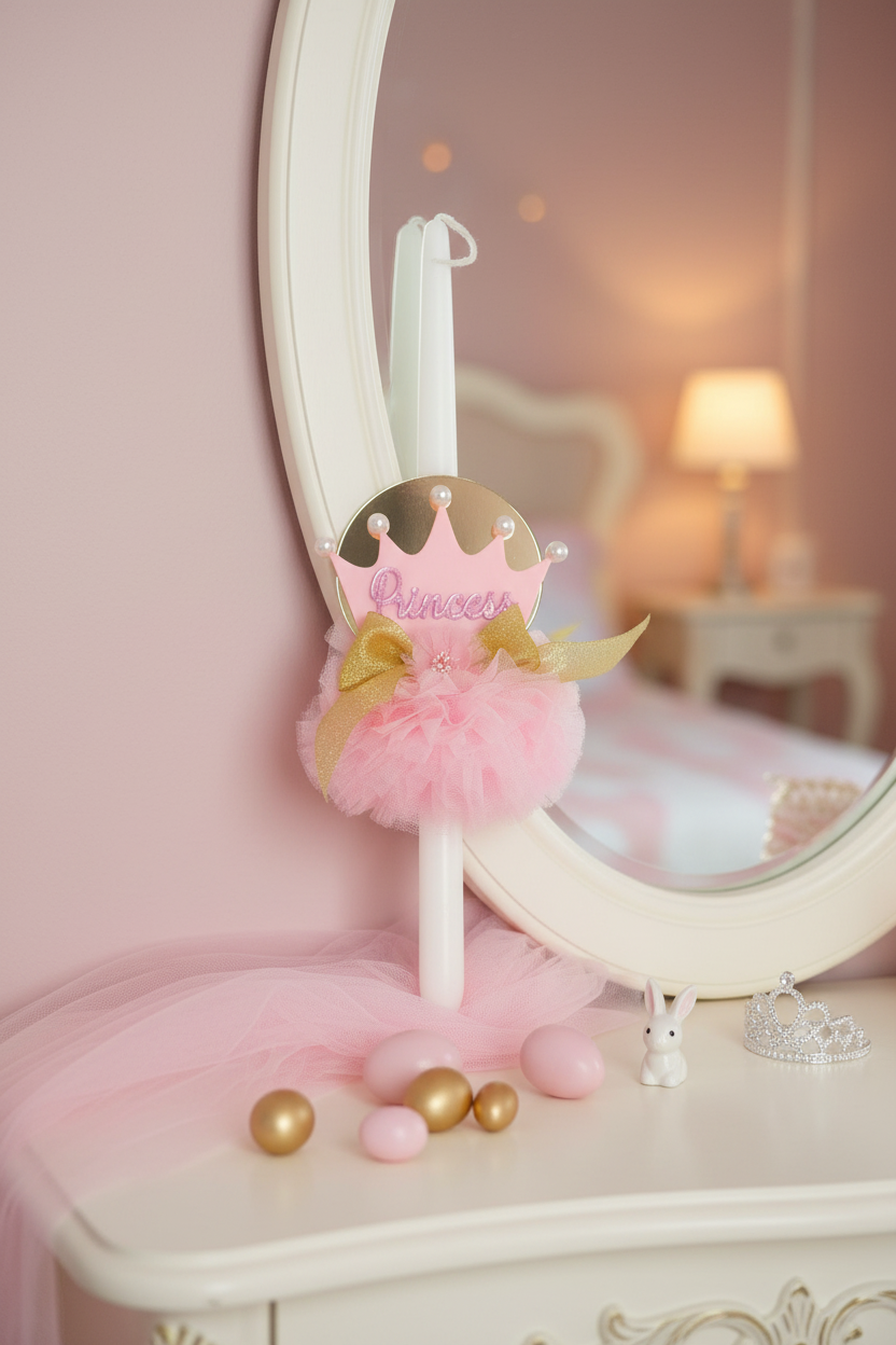 Χειροποίητη πασχαλινή λαμπάδα Princess με κορώνα από plexiglass για χονδρική So Cute by Dimi