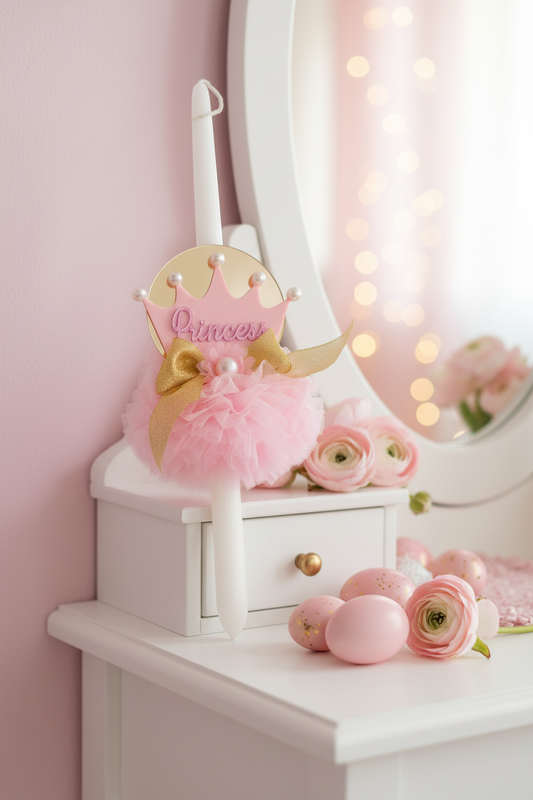 Χειροποίητη πασχαλινή λαμπάδα Princess με κορώνα από plexiglass για χονδρική So Cute by Dimi