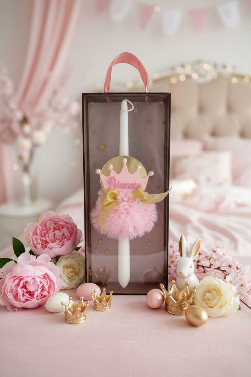 Χειροποίητη πασχαλινή λαμπάδα Princess με κορώνα από plexiglass για χονδρική So Cute by Dimi