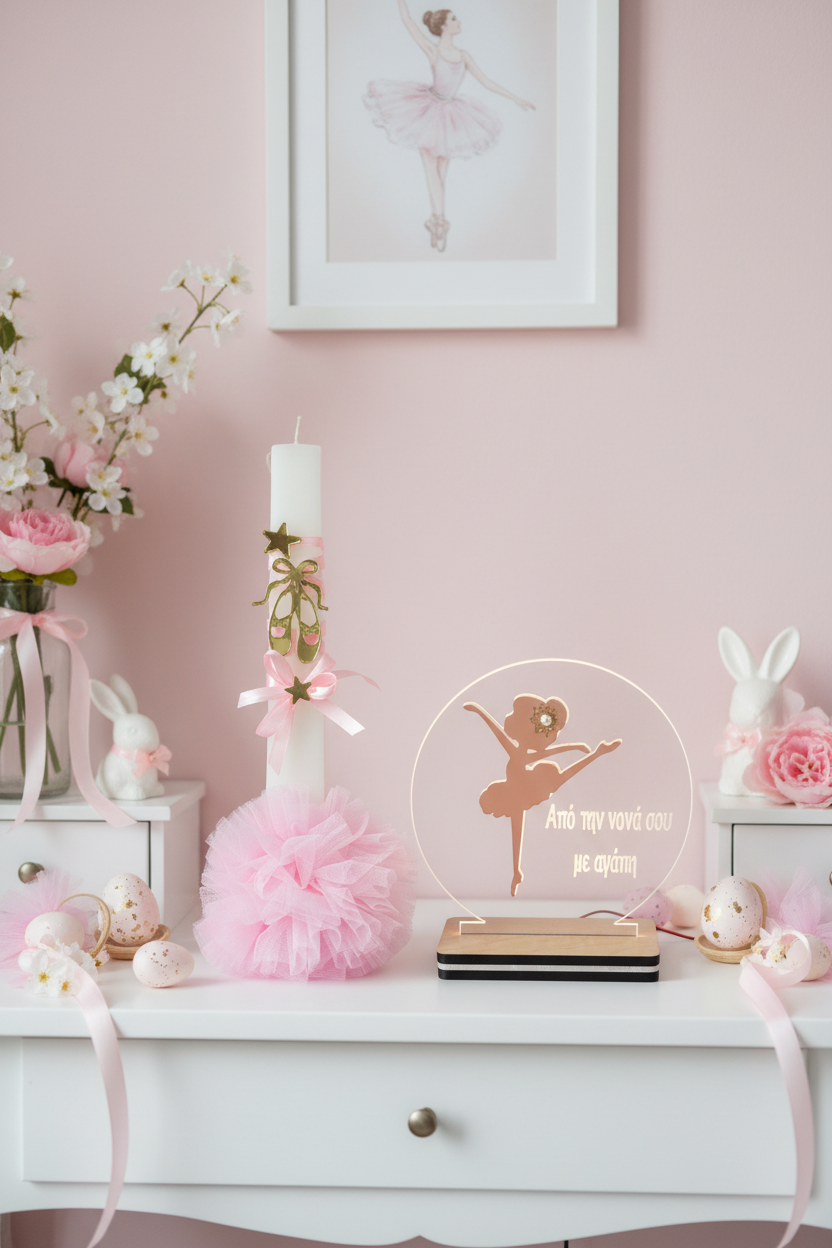 Χειροποίητη Πασχαλινή Λαμπάδα Μπαλαρίνα με προαιρετικό LED Φωτιστικό