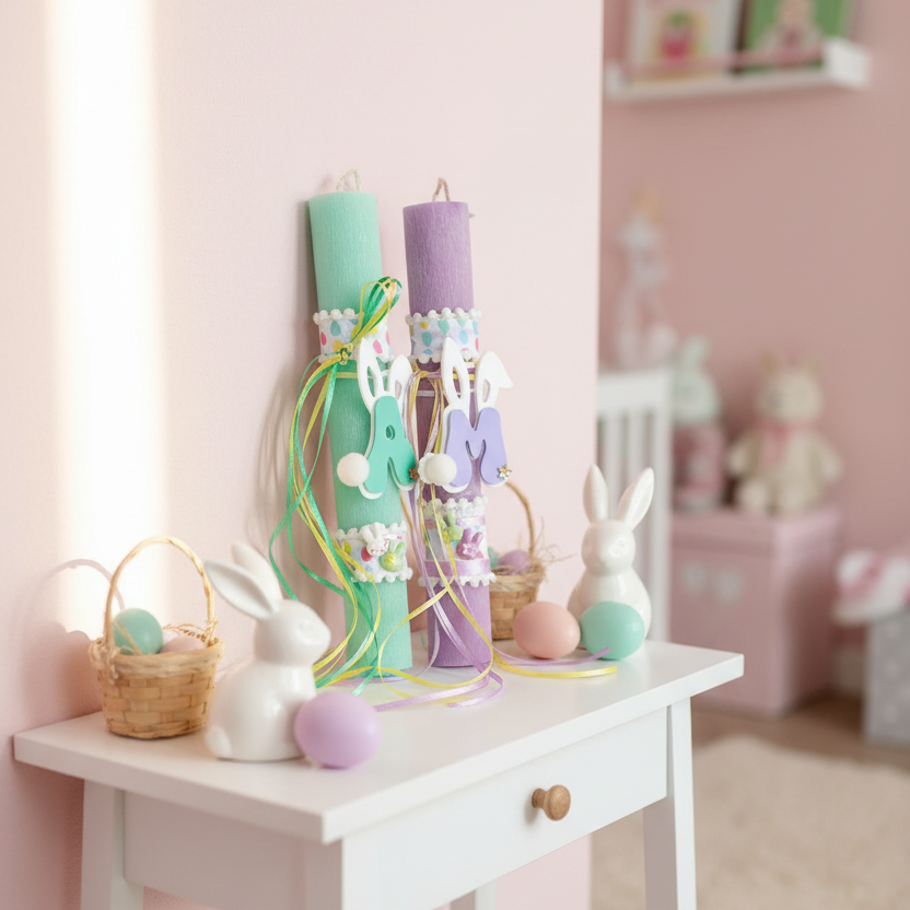 Χειροποίητη πασχαλινή λαμπάδα με μονόγραμμα και αυτάκια λαγού, πολύχρωμες κορδέλες και plexiglass στοιχεία So Cute by Dimi