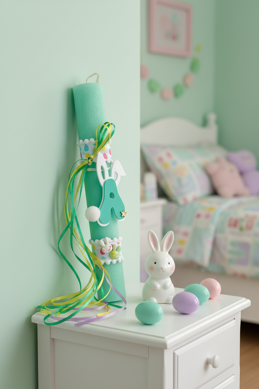 Χειροποίητη πασχαλινή λαμπάδα με μονόγραμμα και αυτάκια λαγού, πολύχρωμες κορδέλες και plexiglass στοιχεία So Cute by Dimi