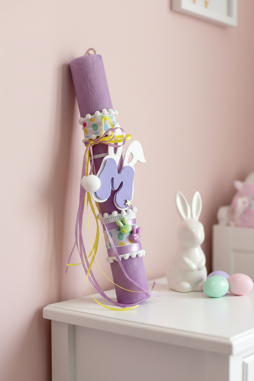 Χειροποίητη πασχαλινή λαμπάδα με μονόγραμμα και αυτάκια λαγού, πολύχρωμες κορδέλες και plexiglass στοιχεία So Cute by Dimi