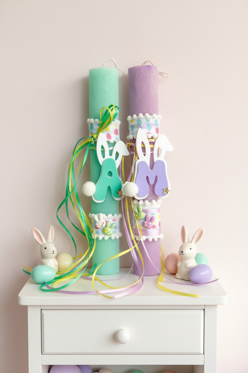 Χειροποίητη πασχαλινή λαμπάδα με μονόγραμμα και αυτάκια λαγού, πολύχρωμες κορδέλες και plexiglass στοιχεία So Cute by Dimi