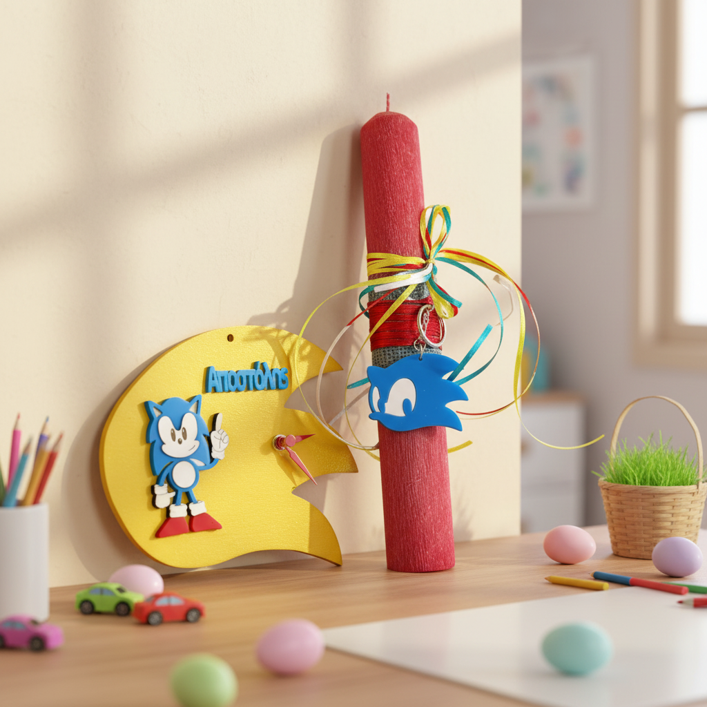 Χειροποίητη πασχαλινή λαμπάδα Sonic με πολύχρωμες κορδέλες και plexiglass μπρελόκ, μαζί με ξύλινο επιτοίχιο ρολόι Sonic, So Cute by Dimi