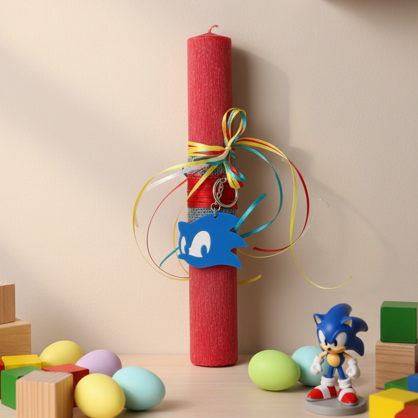 Χειροποίητη πασχαλινή λαμπάδα Sonic με πολύχρωμες κορδέλες και plexiglass μπρελόκ, So Cute by Dimi