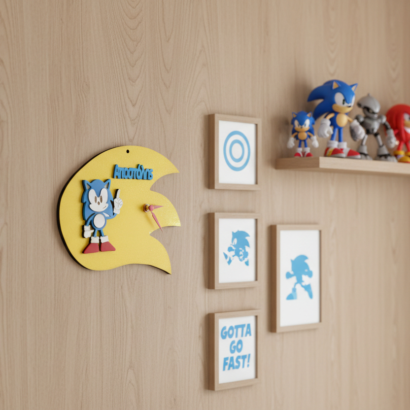 Ξύλινο επιτοίχιο ρολόι Sonic, μέρος πασχαλινού σετ με λαμπάδα, So Cute by Dimi