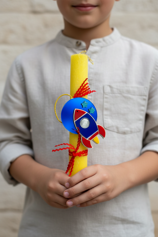 Χειροποίητη πασχαλινή λαμπάδα Rocket Dream με διαστημόπλοιο από πλεξιγκλάς καθρέφτη, κωδικός 4-506-0505 – So Cute by Dimi