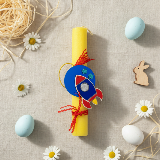 Χειροποίητη πασχαλινή λαμπάδα Rocket Dream με διαστημόπλοιο από πλεξιγκλάς καθρέφτη, κωδικός 4-506-0505 – So Cute by Dimi