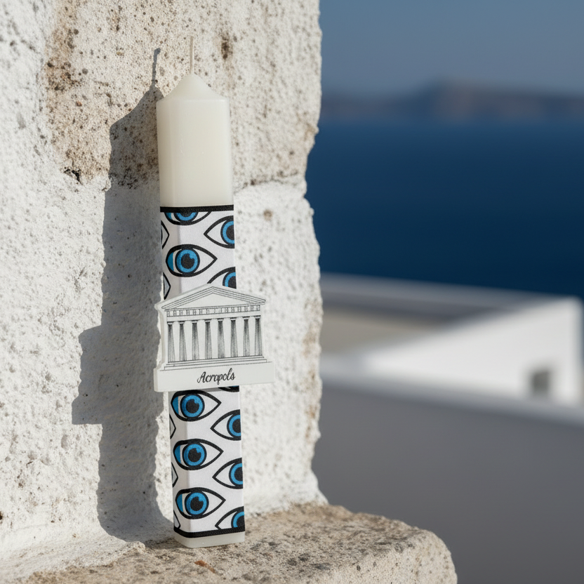 Χειροποίητη πασχαλινή λαμπάδα Greek symbols με μοτίβο μάτια και μαγνητάκι Ακρόπολη από πλεξιγκλάς, κωδικός 4-506-0519 – So Cute by Dimi