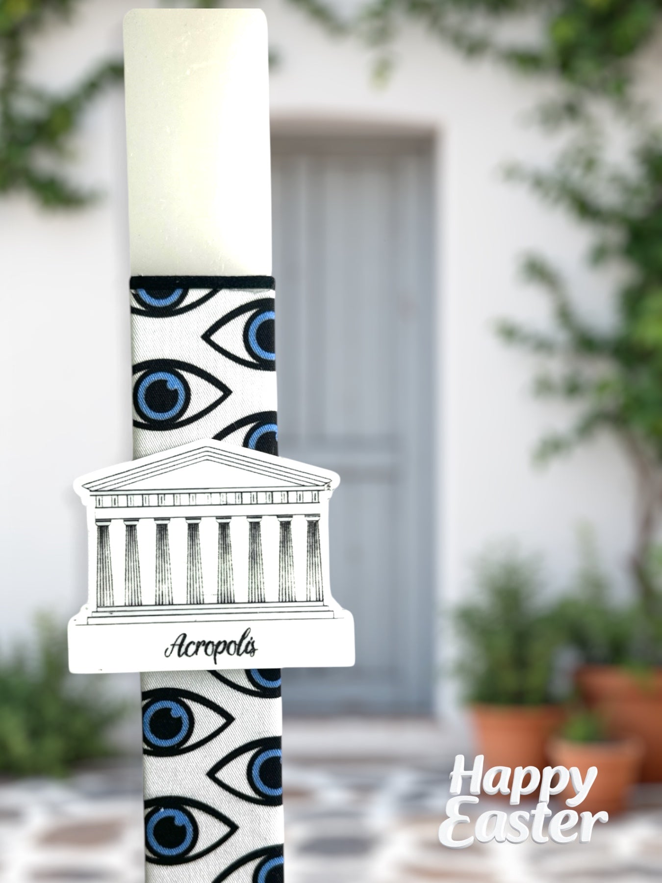 Χειροποίητη πασχαλινή λαμπάδα Greek symbols με μοτίβο μάτια και μαγνητάκι Ακρόπολη από πλεξιγκλάς, κωδικός 4-506-0519 – So Cute by Dimi
