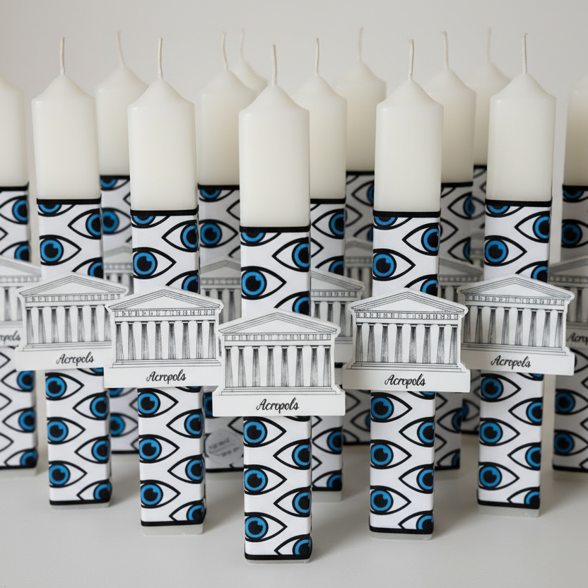 Χειροποίητη πασχαλινή λαμπάδα Greek symbols με μοτίβο μάτια και μαγνητάκι Ακρόπολη από πλεξιγκλάς, κωδικός 4-506-0519 – So Cute by Dimi