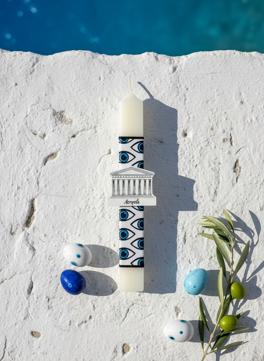 Χειροποίητη πασχαλινή λαμπάδα Greek symbols με μοτίβο μάτια και μαγνητάκι Ακρόπολη από πλεξιγκλάς, κωδικός 4-506-0519 – So Cute by Dimi