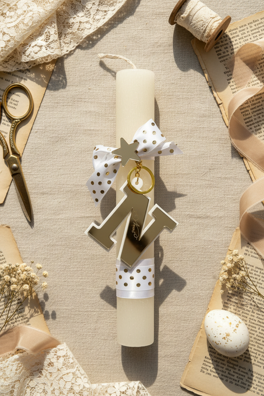 🤍✨ Λαμπάδα Νονά με Μπρελόκ Χρυσό Mirror “Ν”