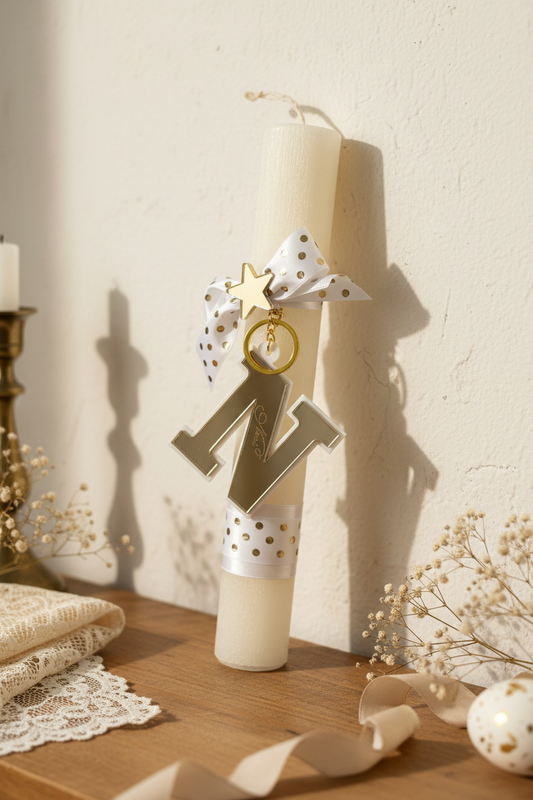 🤍✨ Λαμπάδα Νονά με Μπρελόκ Χρυσό Mirror “Ν”