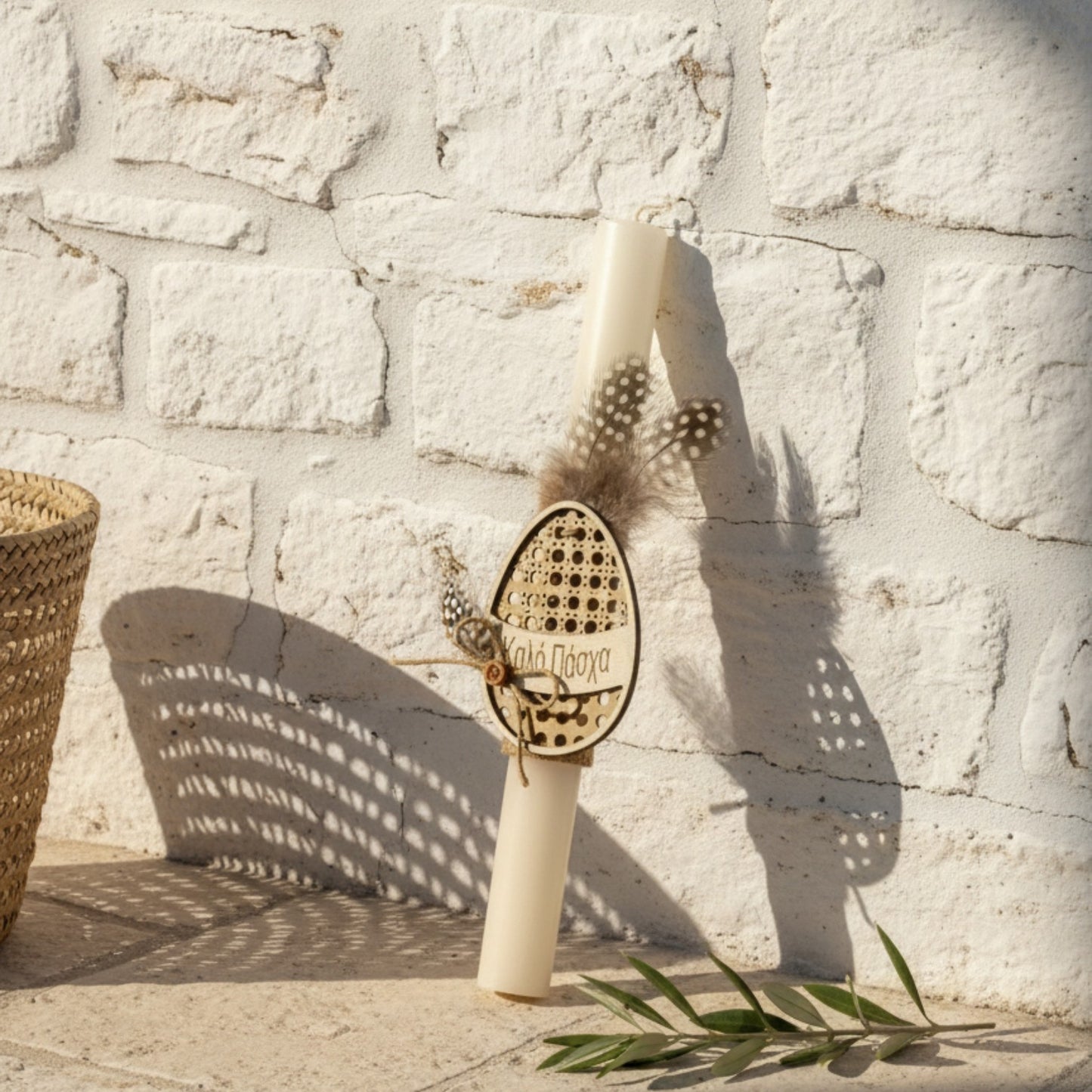 Wholesale handmade Easter candle with wooden egg, natural feathers and rustic country chic aesthetic