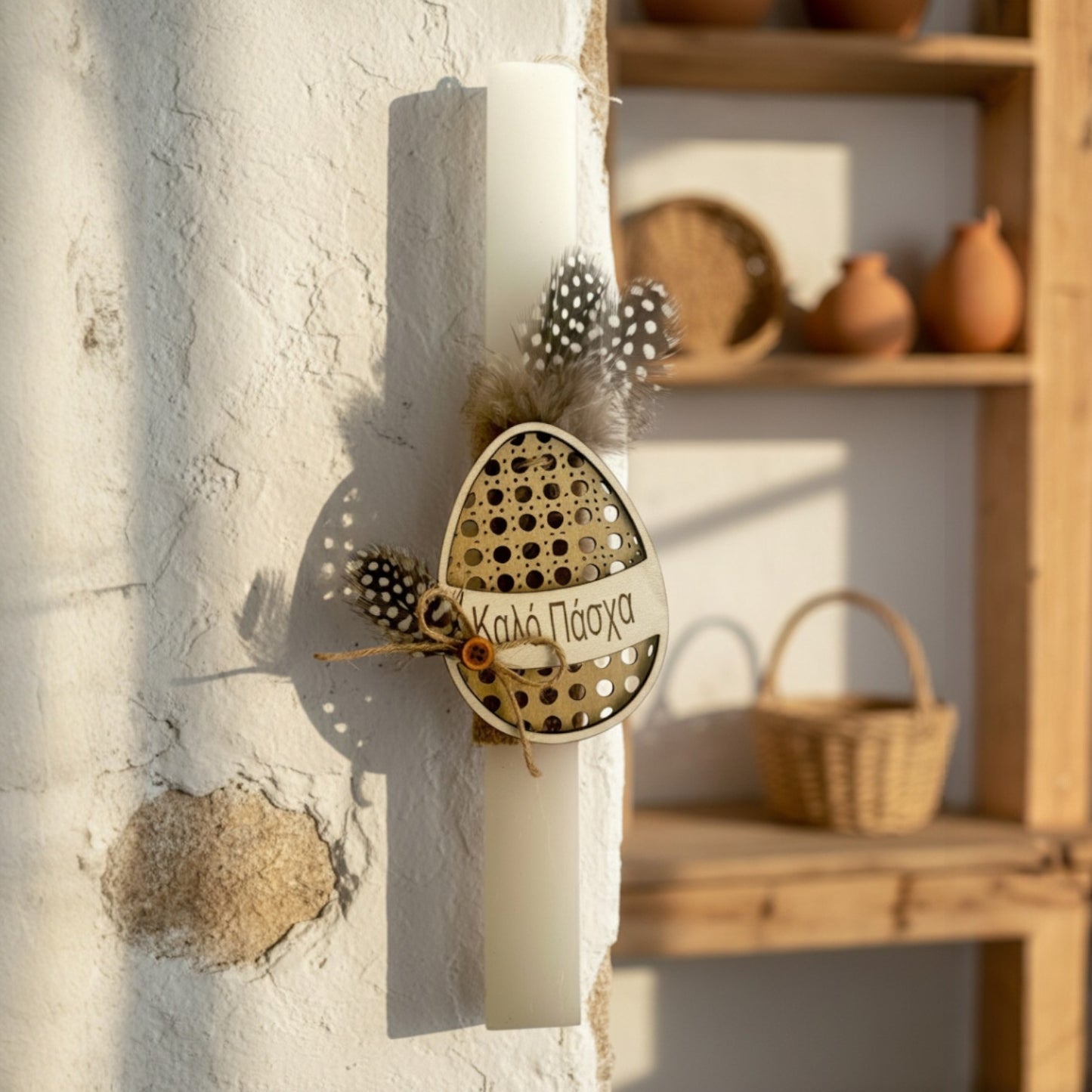 Wholesale handmade Easter candle with wooden egg, natural feathers and rustic country chic aesthetic