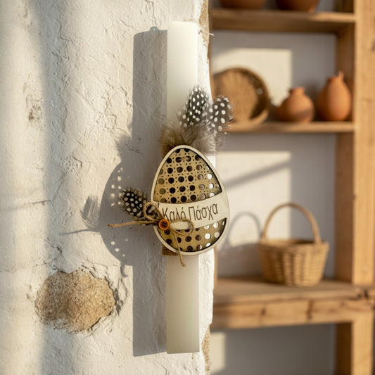 Wholesale handmade Easter candle with wooden egg, natural feathers and rustic country chic aesthetic