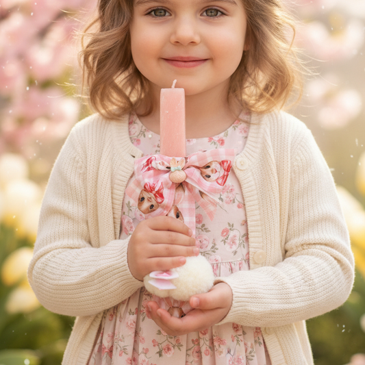 Χονδρική πασχαλινή λαμπάδα κουνελάκι με ξύλινη πλάτη και αξεσουάρ μαλλιών – So Cute by Dimi