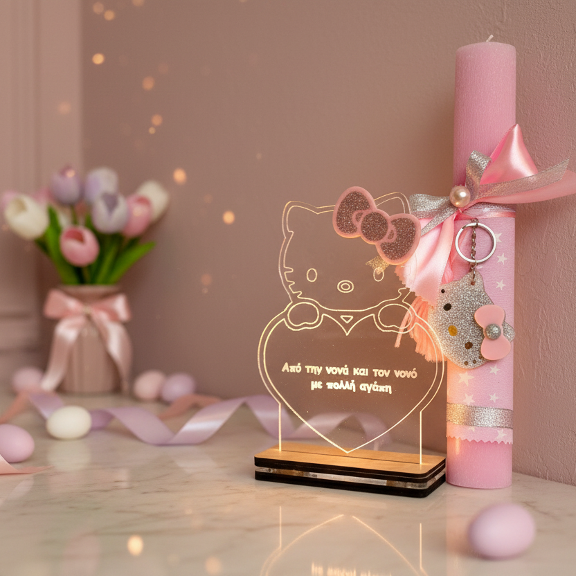 Χειροποίητη λαμπάδα Hello Kitty χονδρική με προαιρετικό φωτιστικό LED – So Cute by Dimi