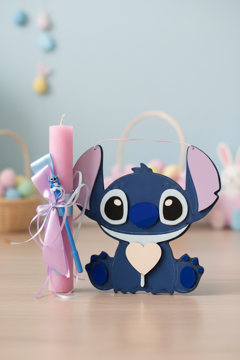 Πασχαλινό χειροποίητο σετ Stitch με λαμπάδα και ξύλινο κάδρο, So Cute by Dimi